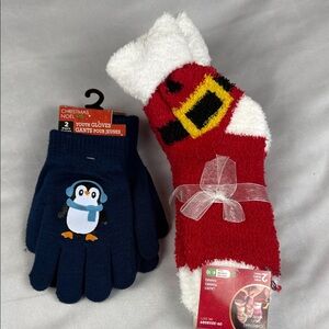 2 Pair Blue Penguin Gloves, 2 Pair Adult Santa themed Fuzzy Socks, Christmas